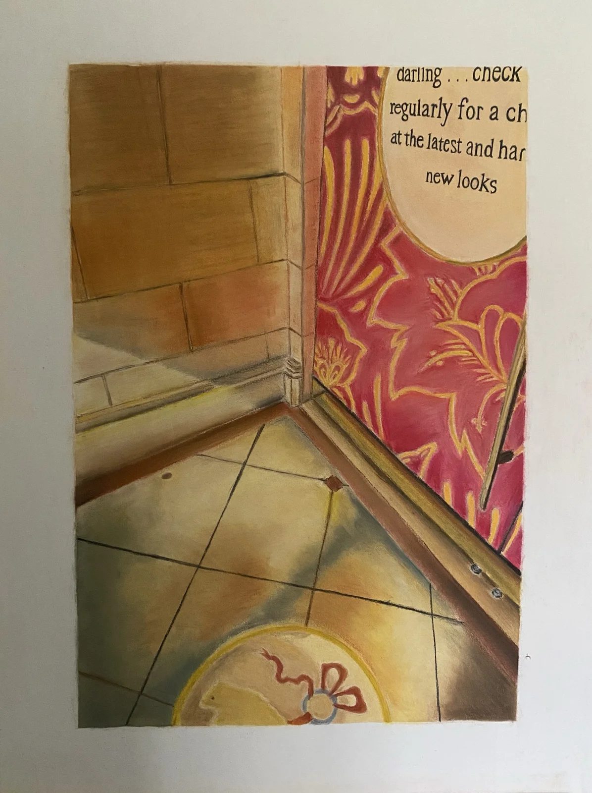 Painting of a sunlit interior and patterned wallpaper